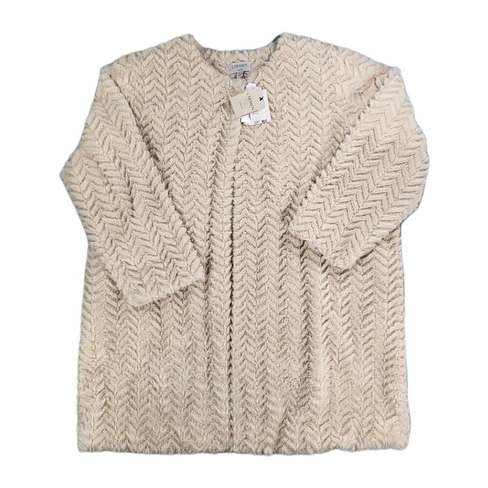 Carmen Marc Valvo Faux Fur Coat - Beige Herringbone Zig-Zag Pattern Sz 2x/TTG
